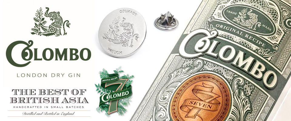 Shiny silver plated Colombo Gin metal badges