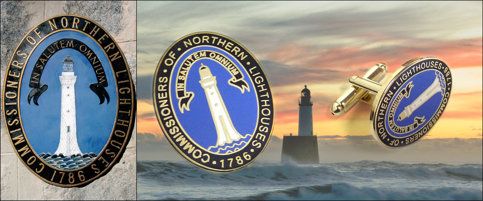 Historical enamel badges and cufflinks made for the Northern Lighhouse and used as promotional gifts