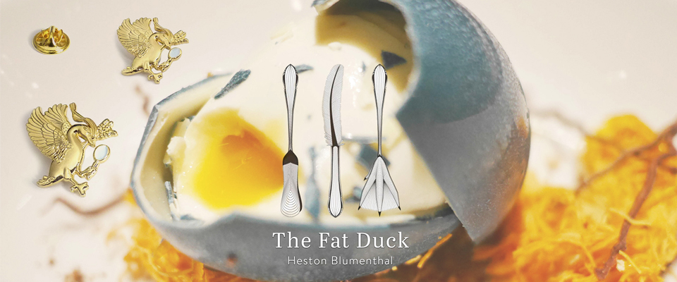 Custom gold Fat Duck soft enamel lapel pins - A Heston Blumenthal Michelin Star Restaurant